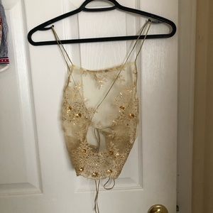 Unique sheer gold halter top